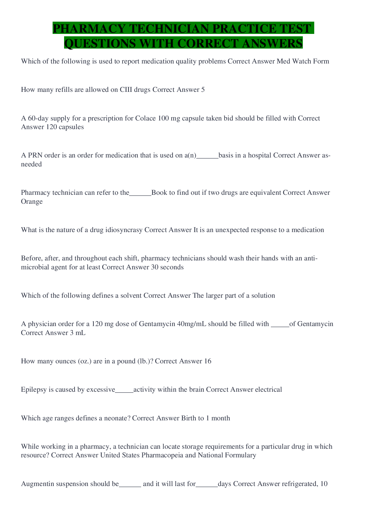 Preview image for PHARMACY TECHNICIAN PRACTICE TEST QUESTIONS WITH CORRECT ANSWERS